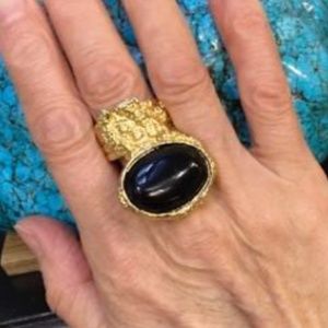 Yves St. Laurent Black Onyx Goldtone Arty Cocktail Ring - Size 8